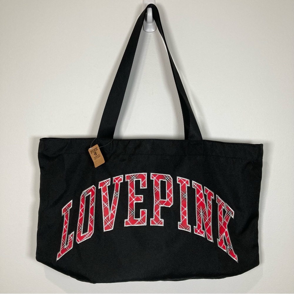 PINK Victoria’s Secret Medium Weekender Tote Bag Plaid Black NEW - Picture 9 of 9